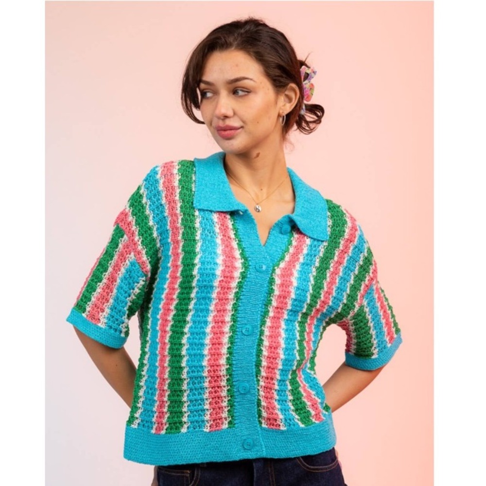 NWT Striped Collared Button Up Knit Sweater Top Large Blue Pink Green‎